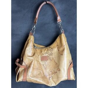 Alviero Martini 1a Classe Map Print Leather Shoulder Bag Hobo Vintage Travel
